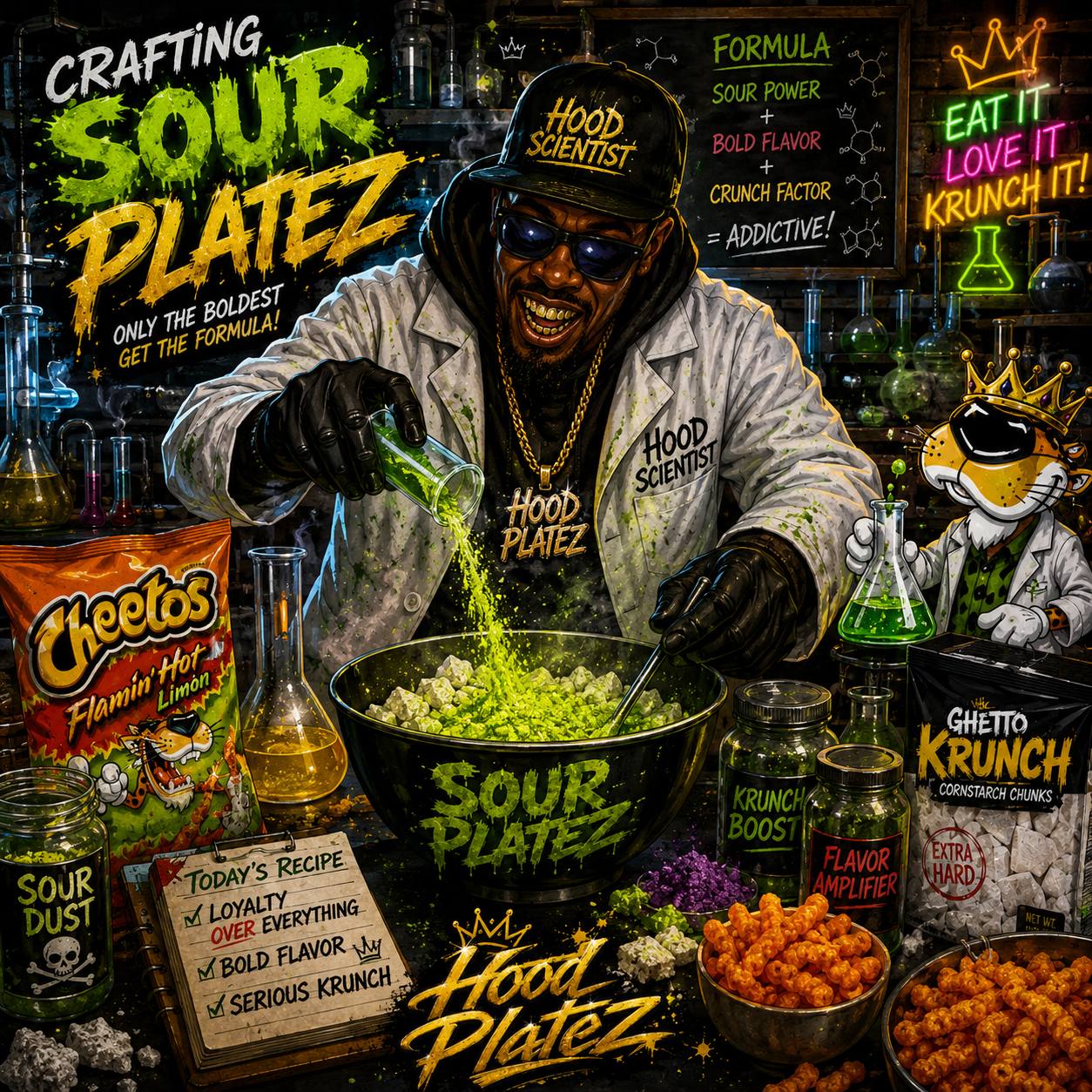 Hood Scientist crafting Sour Platez in a lab full of neon green flavor chemistry